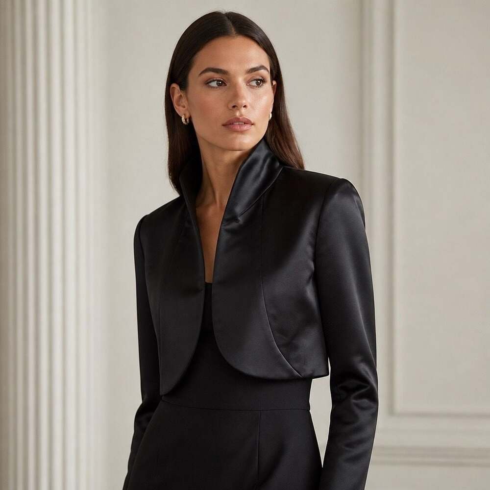 London Times Black Satin Formal Bolero Shrug Jacket Size 8 #1799